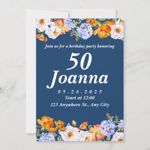 Blauer Blumenstrauß 50. Geburtstag Einladung
