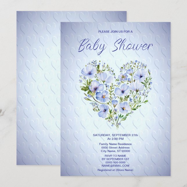 Blauer Blumenstrauß Baby Dusche Einladung (Vorne/Hinten)