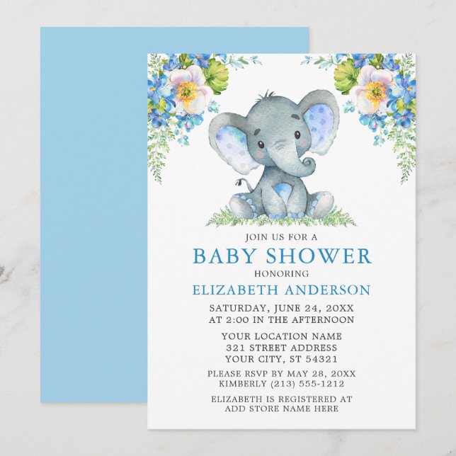 Blauer Blumenstrauß Elefant Babydusche Einladung (Vorne/Hinten)
