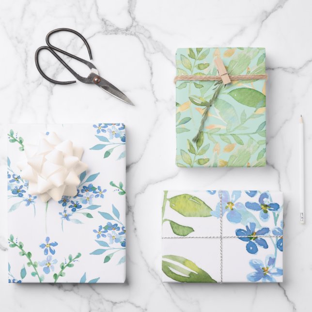 Blauer Blumenstrauß mit Foliage Geschenkpapier Set (Vorderseite)