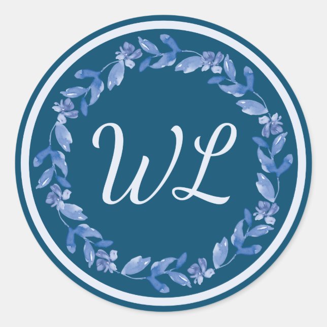 Blauer Blumenstrauß Mit Monogramm Runder Aufkleber (Vorderseite)