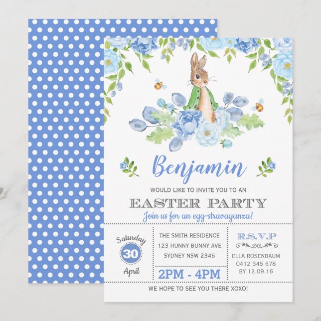 Blauer Blumenstrauß Ostern Party Wasserfarben Kani Einladung (Vorne/Hinten)