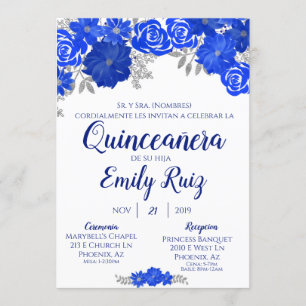 Blauer Blumenstrauß Quinceñera Einladung auf Spani