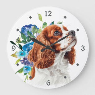 Blauer Blumenstrauß Roter Cavalier King Charles Sp Große Wanduhr