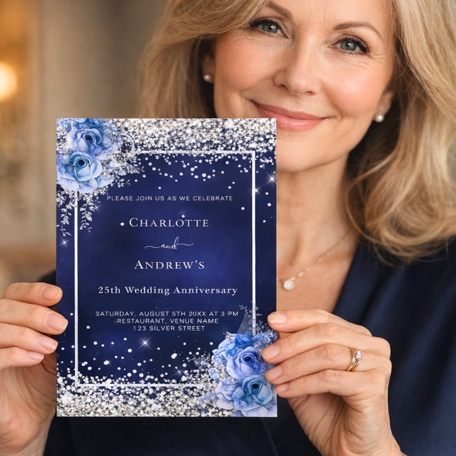 Blauer Blumenstrauß Silber 25. Hochzeit Einladung (Von Creator hochgeladen)