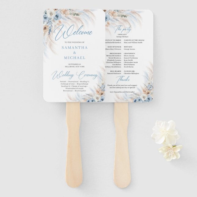 Blauer Blumenstrauß und Elfenbeinblume Rose Pampas Fächer (Vorne und Hinten)