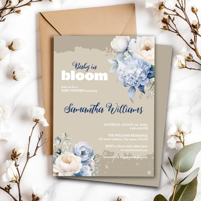 Blauer Blumenstrauß und Elfenbeinblütendusche Einl Einladung (Blue and white roses and peonies floral watercolor baby shower invitation )