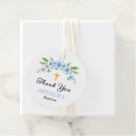 Blauer Blumenstrauß und Goldkreuz Taufe Vielen Dan Geschenkanhänger