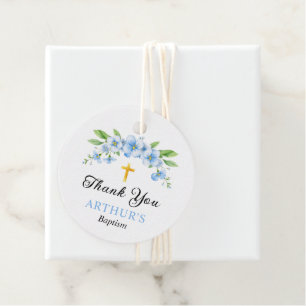 Blauer Blumenstrauß und Goldkreuz Taufe Vielen Dan Geschenkanhänger