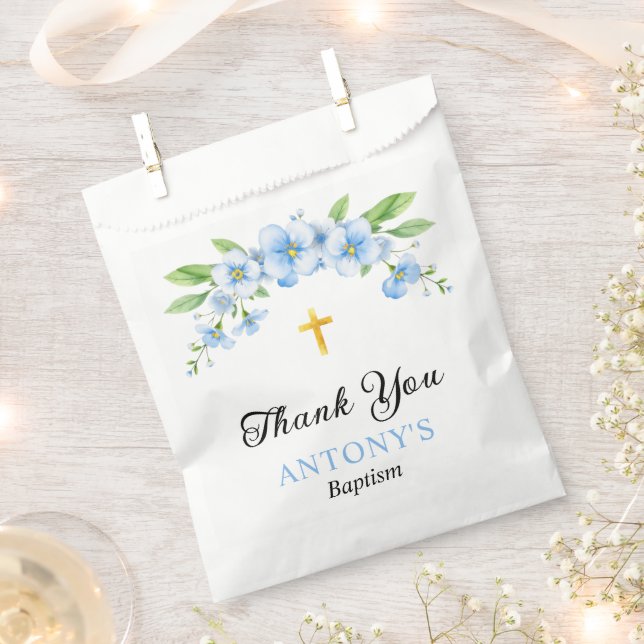 Blauer Blumenstrauß und Goldkreuz Taufe Vielen Dan Geschenktütchen (Ausgeschnitten)