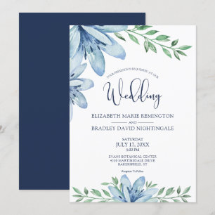 Blauer Blumenstrauß und Hochzeit im Grünen Einladung