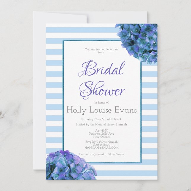 Blauer Blumenstrauß und Stripe Bridal Dusche Einla Einladung (Vorderseite)