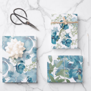 Blauer Blumenstrauß Wasserfarbe Handgestrichen Geschenkpapier Set