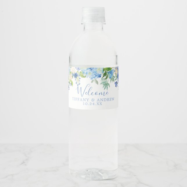 Blauer Blumenzahn Begrüßungswasser Flaschenetikett (Vorderseite)