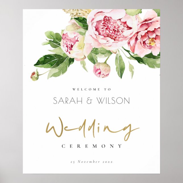 BLAUER BLUSH FLORAL PEONY WATERCOLOR BEGRÜSSEN POSTER (Vorne)