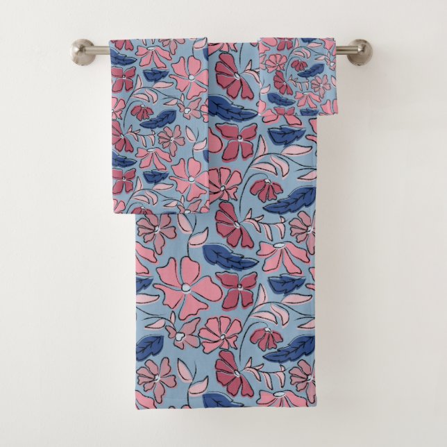 Blauer Blütenblock mit rosa und blauer Hand drucke Badhandtuch Set (Insitu)