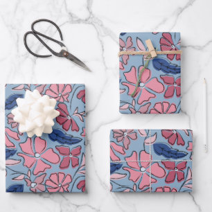 Blauer Blütenblock mit rosa und blauer Hand drucke Geschenkpapier Set