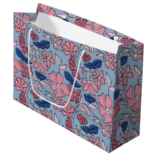 Blauer Blütenblock mit rosa und blauer Hand drucke Große Geschenktüte (Vorderseite Schrägansicht)