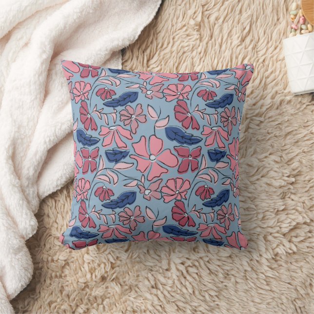 Blauer Blütenblock mit rosa und blauer Hand drucke Kissen (Decke)