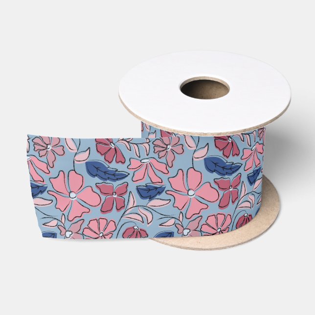 Blauer Blütenblock mit rosa und blauer Hand drucke Satinband (Spule)