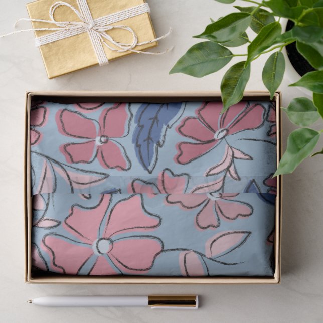 Blauer Blütenblock mit rosa und blauer Hand drucke Seidenpapier (Geschenk)