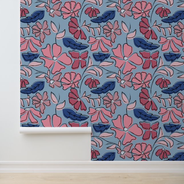 Blauer Blütenblock mit rosa und blauer Hand drucke Tapete (Anwendung)