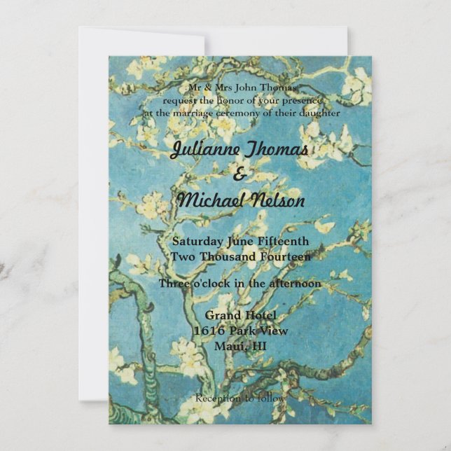 Blauer Blütenblühen Almond Wedding Einladung (Vorderseite)