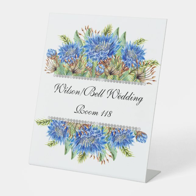 Blauer Blütenblume Diamant Bling Wedding Sockelschild (Vorderseite)