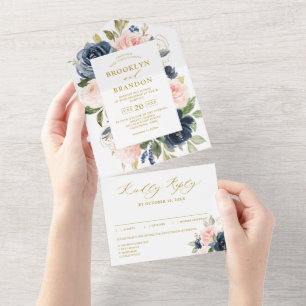 Blauer Blütenblütenrosa Blütengoldblütenhochzeit All In One Einladung