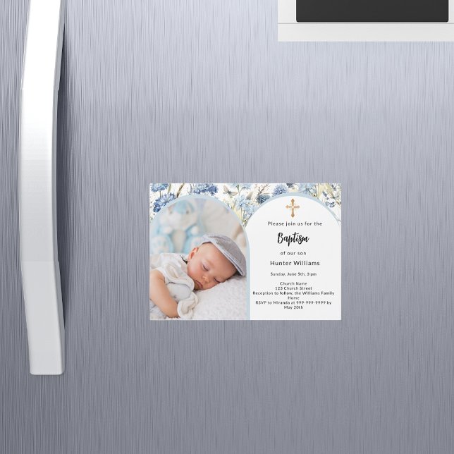 Blauer Blütenbock Foto Boy Cross Taufe Magneteinladung (Von Creator hochgeladen)