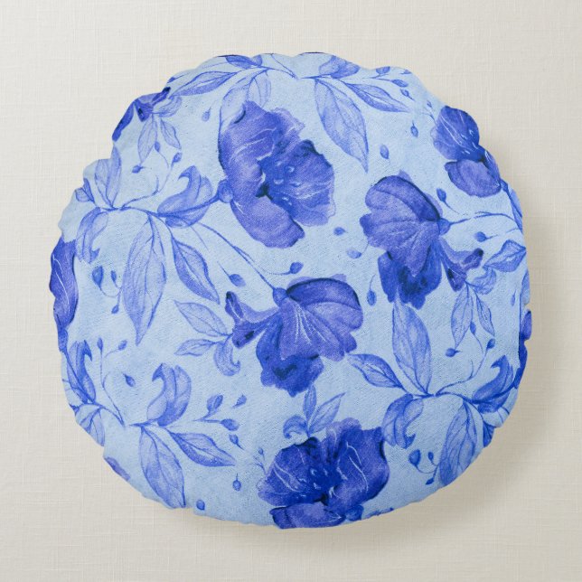 Blauer Blütenboden Rundkissen Rundes Kissen (Vorderseite)