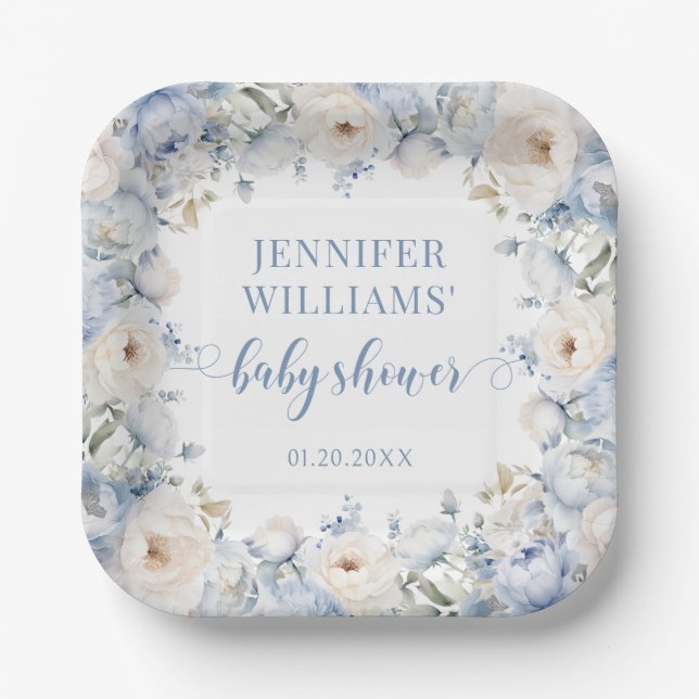 Blauer Blütenbraun Babydusche Papierplatte Pappteller (Vorderseite)