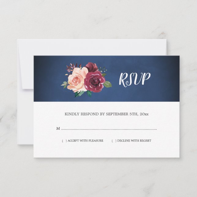 Blauer Blütenburgund Rose Blumenhochzeit RSVP Karte (Vorderseite)