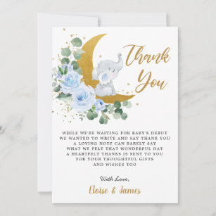 Blauer Blütenelefant über der Mond-Babydusche Dankeskarte
