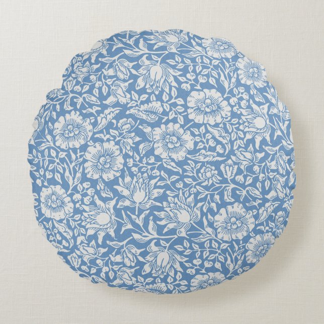 Blauer Blütenkissen, Wildblumen, Blau, Elfenbeinkr Rundes Kissen (Vorderseite)