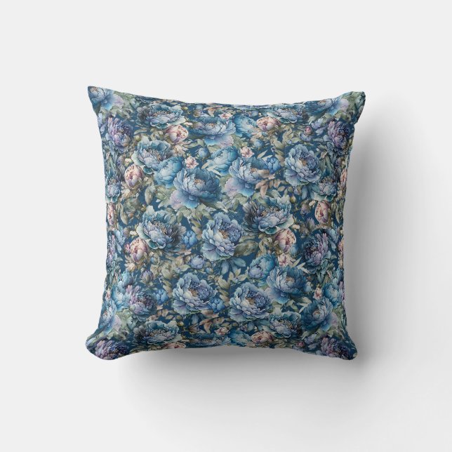 Blauer Blütenmuster Vintager Blumengarten Kissen (Vorderseite)