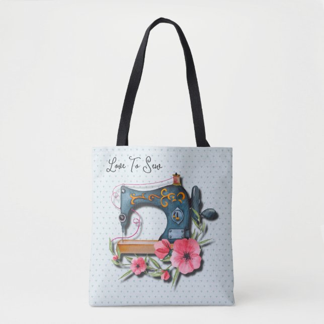 Blauer Blütennähmaschine Strick Tasche (Vorderseite)