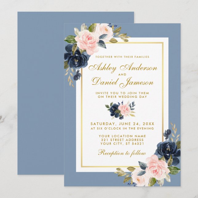 Blauer Blütenrosa Blush Gold Rahmen Hochzeit Einladung (Vorne/Hinten)