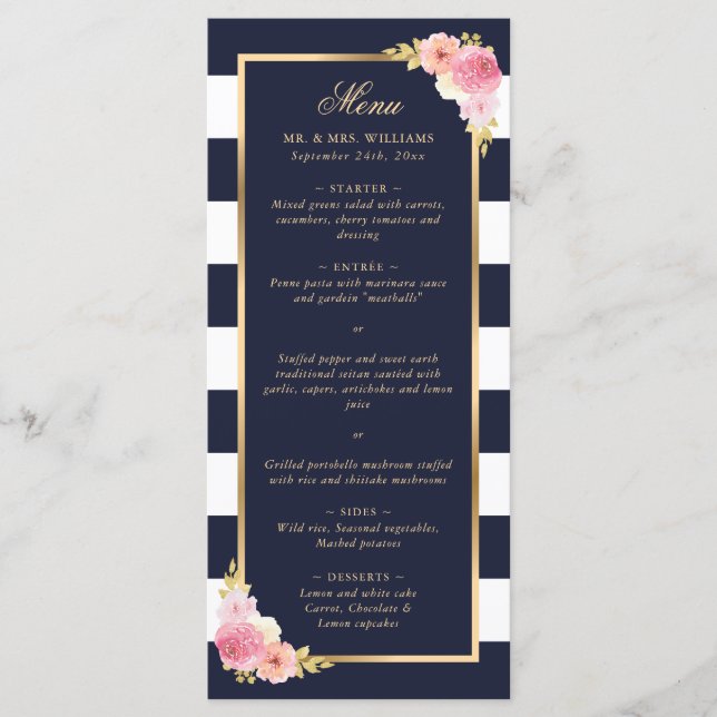 Blauer Blütenrosa Blütenhochzeit Menükarte (Vorderseite)