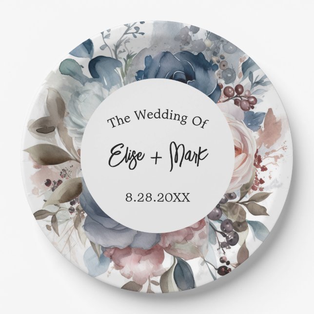 Blauer Blütenrosa Hochzeit Pappteller (Vorderseite)