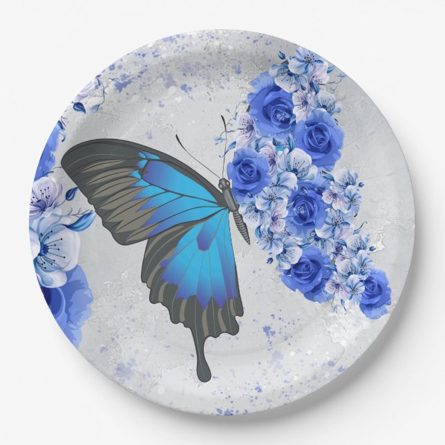Blauer Blütenschmetterling Rundpapier-Teller Pappteller (Vorderseite)