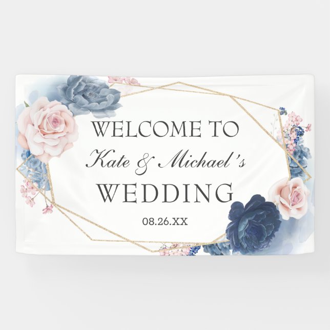 Blauer Blütenstaub mit floralen Goldrahmen Banner (Horizontal)
