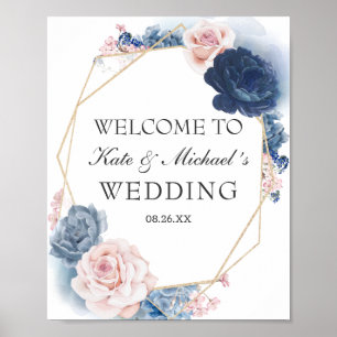 Blauer Blütenstaub mit floralen Goldrahmen Poster