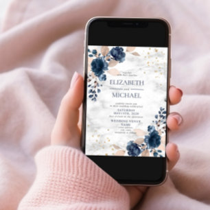 Blauer Blütenstaub PInk Rose Marmor Blumenhochzeit Einladung