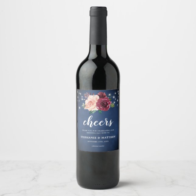 Blauer Blütenstaub Rose Lights Wedding Weinetikett (Vorderseite)