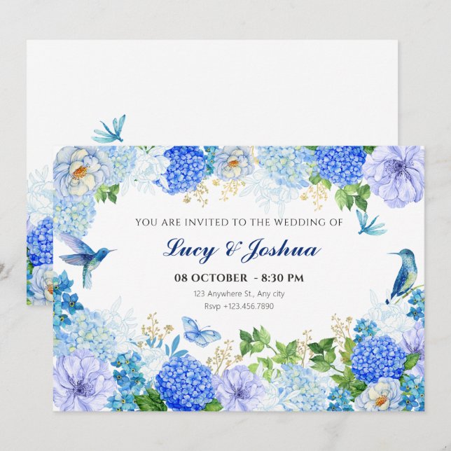Blauer Blütenvogel, schlichte Hochzeit Einladung (Vorne/Hinten)