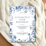 Blauer Blütenzahn 60. Geburtstag Einladung<br><div class="desc">Elegante und hübsche blau-weiße Blumentoilette Aquarell zum 60. Geburtstag Einladung für sie. Bearbeitbar für jedes Jahr und um Ihre eigenen Daten hinzuzufügen. Verfügbar als gedruckter oder sofortiger digitaler Download.</div>
