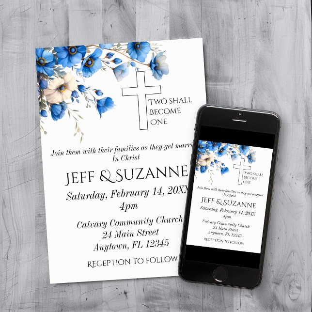 Blauer Blütenzweig wird zu einer Cross Wedding Einladung (Blue Floral Two Become One Cross Wedding Invitation)