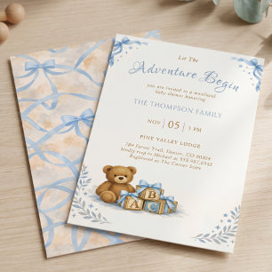 Blauer Bogen Aquarell-Teddybär-Baby-Party Einladung