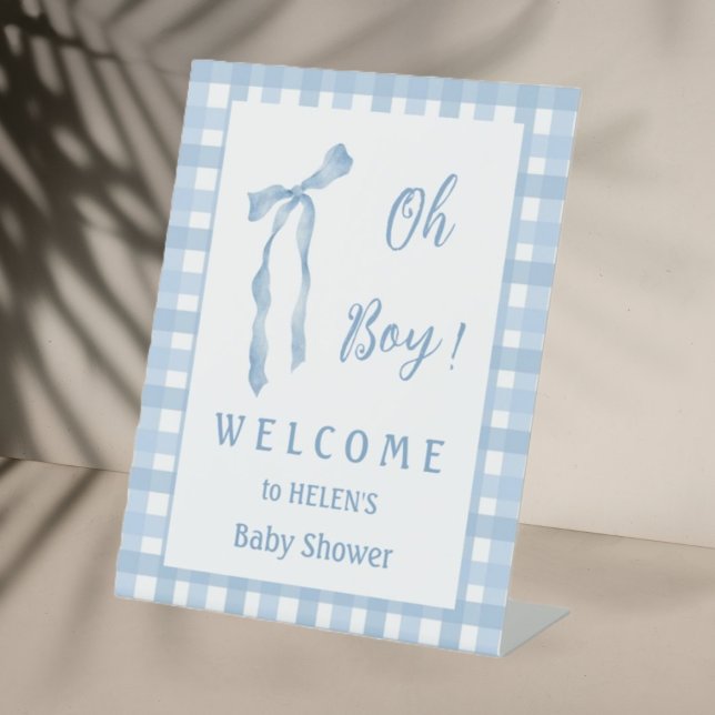 Blauer Bogen Baby Dusche niedliches kariertes Will Sockelschild (Von Creator hochgeladen)